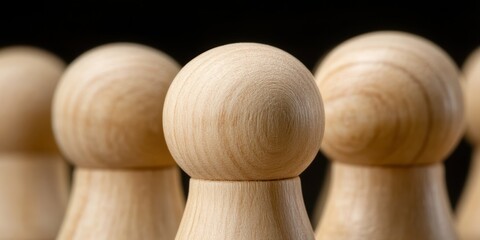 Close-up of natural wooden pawns in a row, representing unity and teamwork, against a dark backdrop.