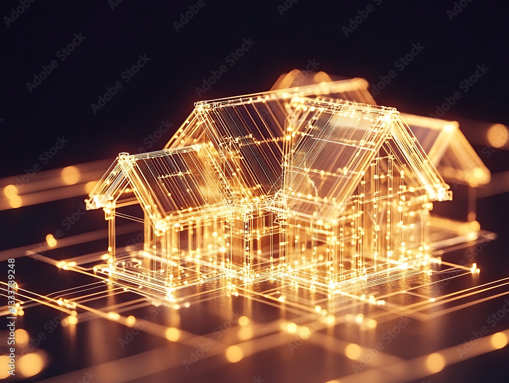 Poster A digital representation of a house illuminated with golden lines, symbolizing innovation in architecture and technology