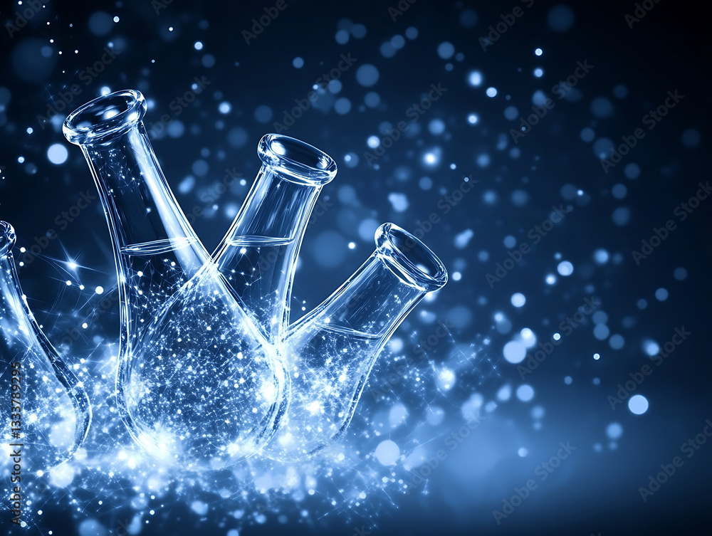Poster a collection of glass bottles glimmering in a dark background, surrounded by sparkling particles, cr