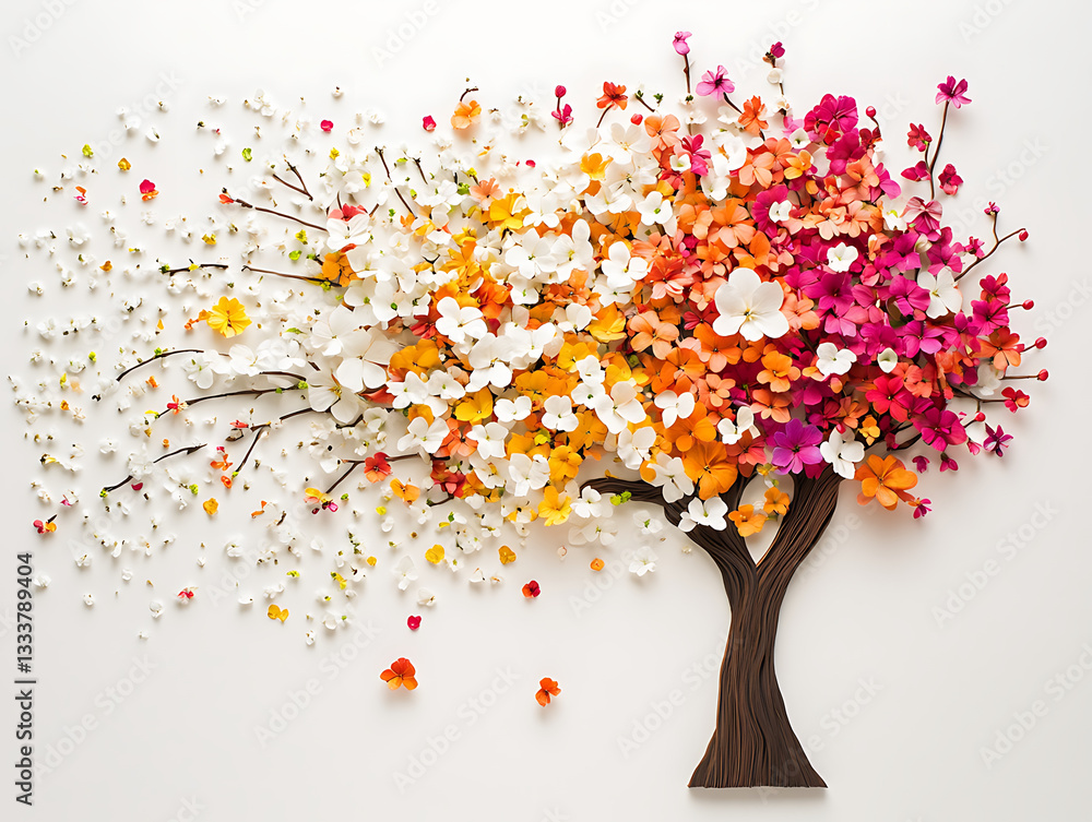 Poster a vibrant, artistic representation of a tree made from colorful flowers, blending various hues to cr