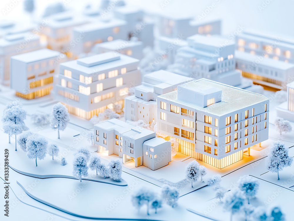 Poster a detailed architectural model showcasing a modern urban landscape with illuminated structures amids