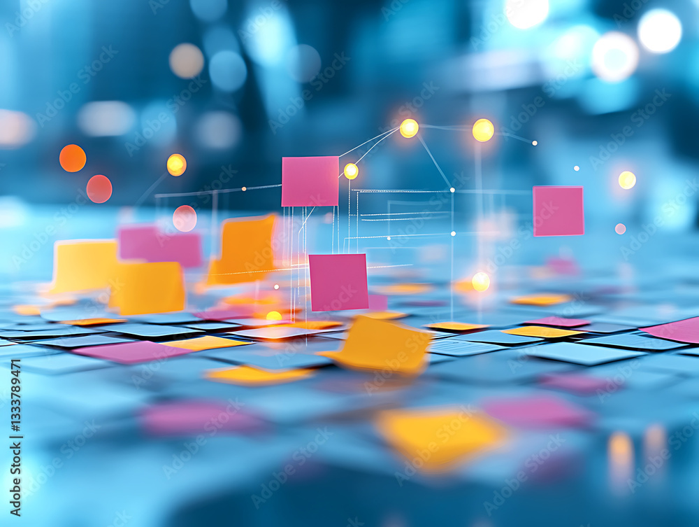 Poster A vibrant digital workspace with colorful sticky notes scattered across a grid, representing brainstorming and collaborative ideas in a modern setting