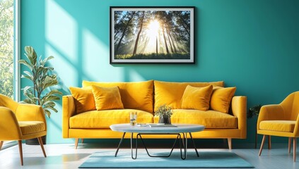 Sunny living room with mustard yellow sofa and teal walls.  Forest print adds a touch of nature to the modern space