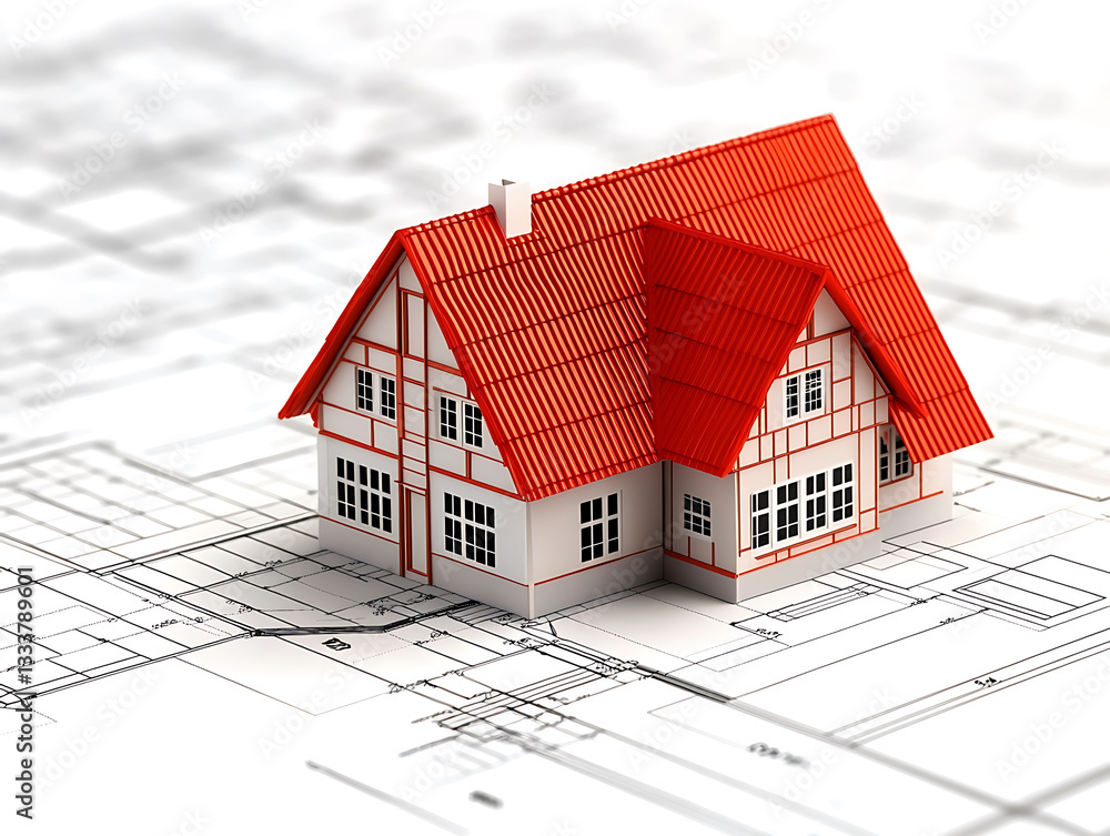 Poster a 3d model of a house with a red roof placed over architectural blueprints, showcasing design and co