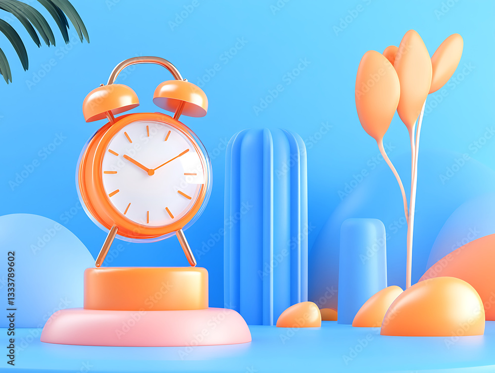 Aufkleber A colorful, stylized alarm clock stands against a vibrant blue background with abstract shapes and balloons, creating a playful and modern atmosphere