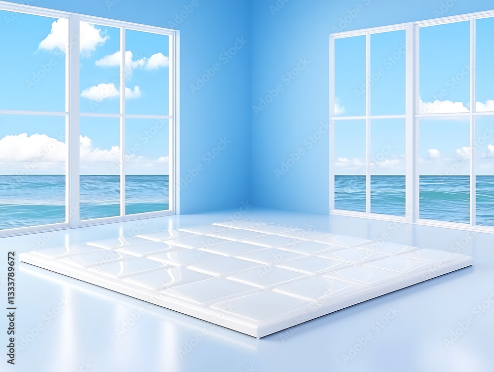 Poster a bright, airy room with large windows overlooking a serene ocean, featuring a glossy floor and a tr