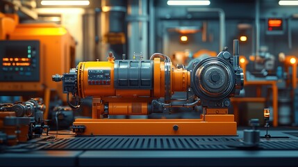 Fototapeta premium An industrial machine is shown in a brightly lit workshop scene