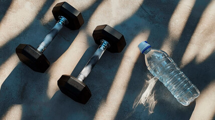 Dumbbells and a water bottle lying on a concrete floor 