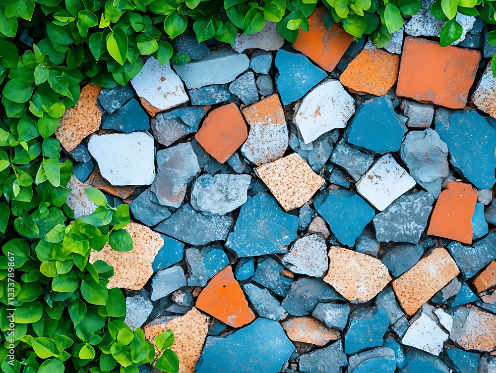 Poster a colorful mosaic of stones surrounded by lush green foliage, creating a vibrant natural and texture