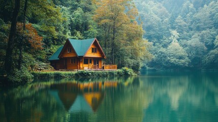 Obraz premium A serene eco-friendly home by a tranquil lake, reflecting beautifully in the water, surrounded by a lush and peaceful natural landscape