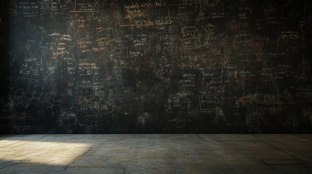 Black chalkboard wall with math equations and scientific formulas