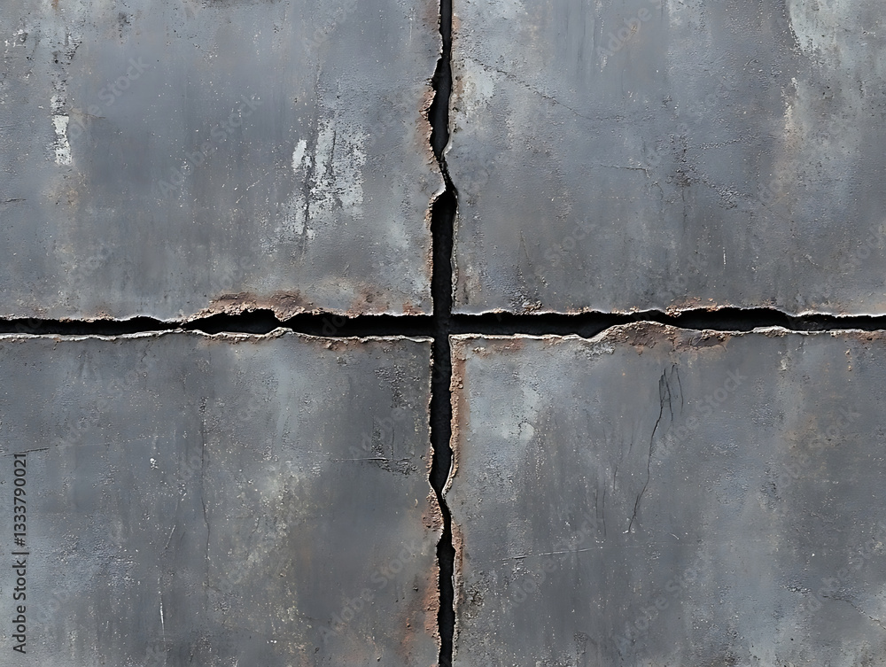 Poster a close-up of a cracked, weathered surface with a metallic texture, displaying rust and imperfection