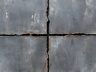 A close-up of a cracked, weathered surface with a metallic texture, displaying rust and imperfections, creating a sense of decay and industrial aesthetic