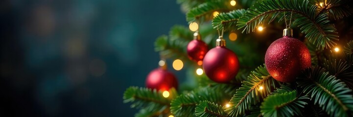 Festive Christmas tree with shiny ornaments and glittering lights, decoration, mistletoe