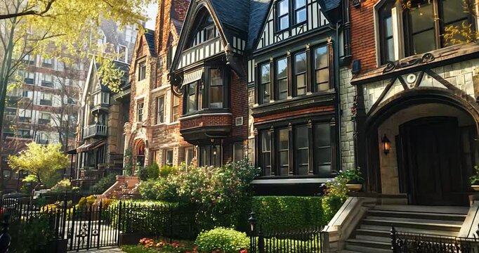 Sunlit Brick Row Houses on a City Street