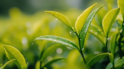 Obraz premium Delicate tea leaf amidst spring raindrops, embodying serenity and renewal.