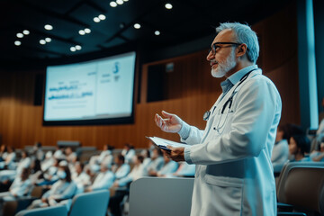 Doctor making presentation at medical conference. Mature physician character speaking at seminar, healthcare professional giving lecture