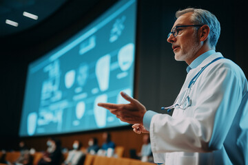Mature doctor making presentation at medical conference. Professional M.D. professor speaking at seminar, medicine research workshop or hospital lecture