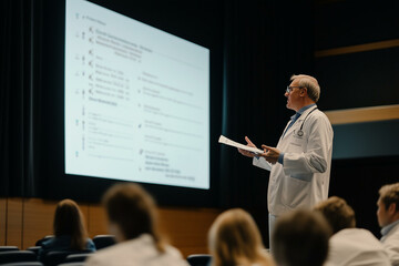 Doctor giving a speech at medical conference. Professor making presentation at seminar or workshop, medicine and healthcare concept