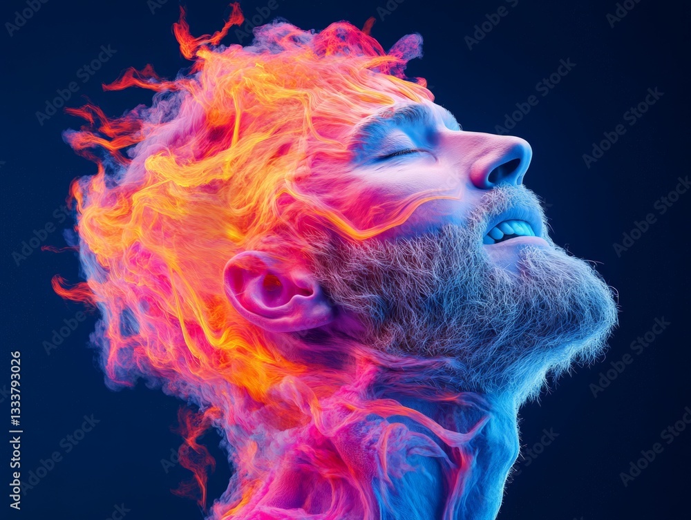 Poster digital art representation of a man with glowing neural connections symbolizing a fusion of human in