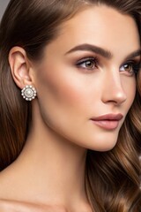 Elegant woman with brown hair wearing pearl diamond earrings girl face eyes skin shot model style