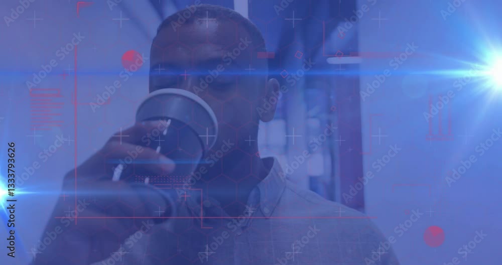 Aufkleber drinking coffee, man with digital data processing animation overlay in office