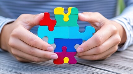Colorful Puzzle Piece Held by Hands on Wooden Table Surface