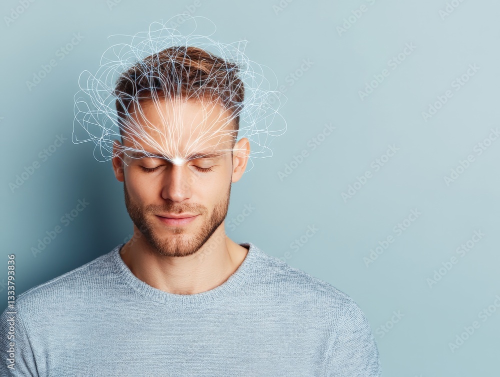 Poster close up of a man with glowing lines on his face symbolizing futuristic thought processes, brain map
