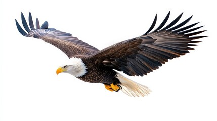 Obraz premium A majestic bald eagle soars gracefully, showcasing its impressive wingspan and striking features against a clean, white background.