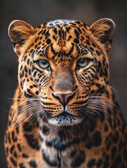 Obraz premium Majestic Close-Up of a Beautiful Leopard with Striking Fur Patterns and Intense Gaze Against a Soft Focus Background in Natural Habitat