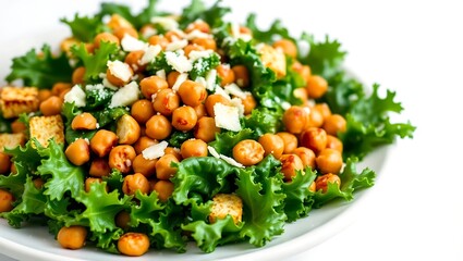 "Close-Up of a Kale Caesar Salad with Spicy Cajun Chickpeas"