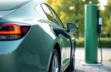 Eco friendly electric car charging at green energy station