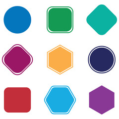 set of colorful stickers. Basic shape elements with sharp and rounded edges. Black cute flat icons set. Black and white shape design elements