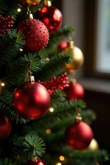 Glowing gold and red ornaments hanging on a large dark red glittering Christmas tree, shimmering decoration, christmas tree