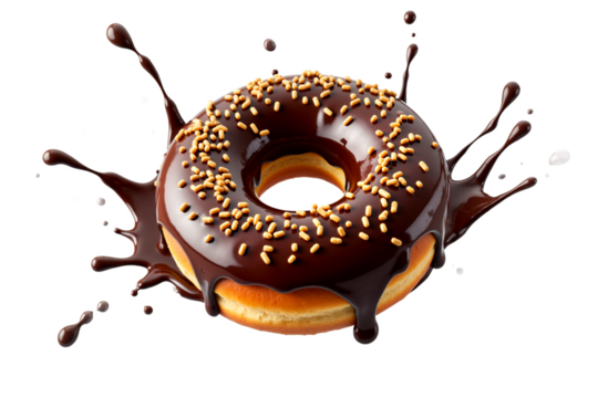 Flying chocolate donut splash, dark glazed doughnut with sprinkles. Sweet dessert treat isolated on transparent background. Bakery ads, menu design, social media promotions.