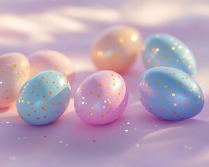 Glowing pastel Easter eggs scattered on a soft gradient background, elegant blank space for text