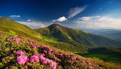 Fototapeta premium pink rose rhododendron flowers on summer mountain slope