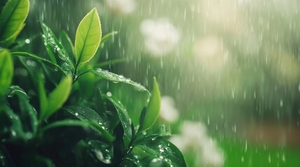 Delicate tea leaf amidst spring raindrops, embodying serenity and renewal.