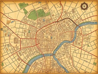 Obraz premium Vintage Illustrated City Map with Compass Rose and River.