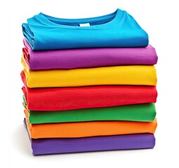 Colorful t-shirts stacked neatly on white background