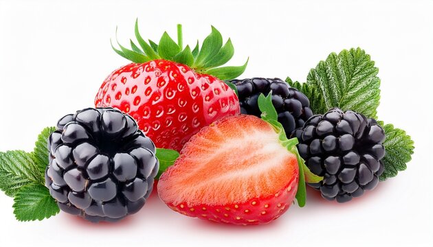 amora framboesa morango inteiro e morango cortado frutas vermelhas em fundo transparente