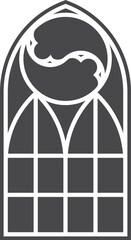 Gothic church window with arched frame and stained glass. Medieval vintage silhouette of cathedral architecture decorations geometric ornaments. Chapel interior with outlines antique engravings