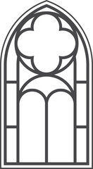Gothic church window with arched frame and stained glass. Medieval vintage silhouette of cathedral architecture decorations geometric ornaments. Chapel interior with outlines antique engravings