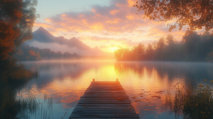 Obraz premium Tranquil Lakeside Sunrise with Mist and Wooden Dock