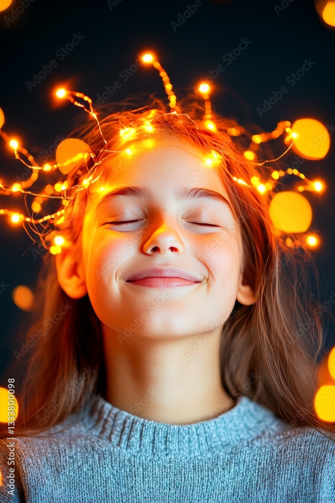 Poster young girl enjoying glowing neural headgear with abstract digital network elements representing conn
