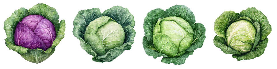 Obraz premium Vibrant assortment of fresh green and purple cabbages showcasing their crisp leafy textures and nutritious properties