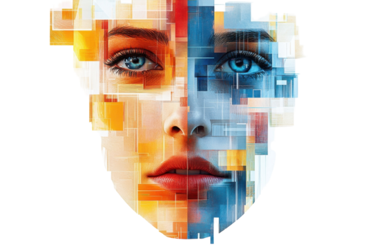 A Mesmerizing Digital Portrait Of A Woman, Her Face A Mosaic Of Vibrant Blues And Oranges, Showcasing The Beauty Of Fragmented Artistry Isolated on Transparent Background - Powered by Adobe