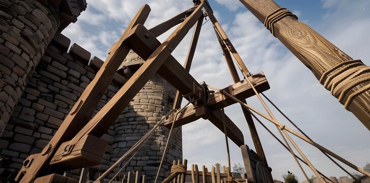 A medieval catapult constructed from sturdy wood, positioned for launching in a historic battle