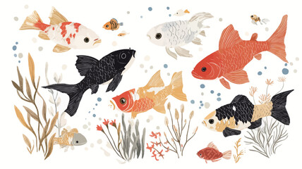 Naklejka premium A watercolor illustration depicting various types of koi fish and goldfish swimming amidst stylized aquatic plants. The fish are rendered in a range of colors including orange, red, black, and