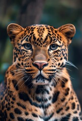 Naklejka premium Majestic Close-Up of a Leopard Showcasing Intricate Spots and Intense Eyes in a Natural Habitat with Soft Background Blur